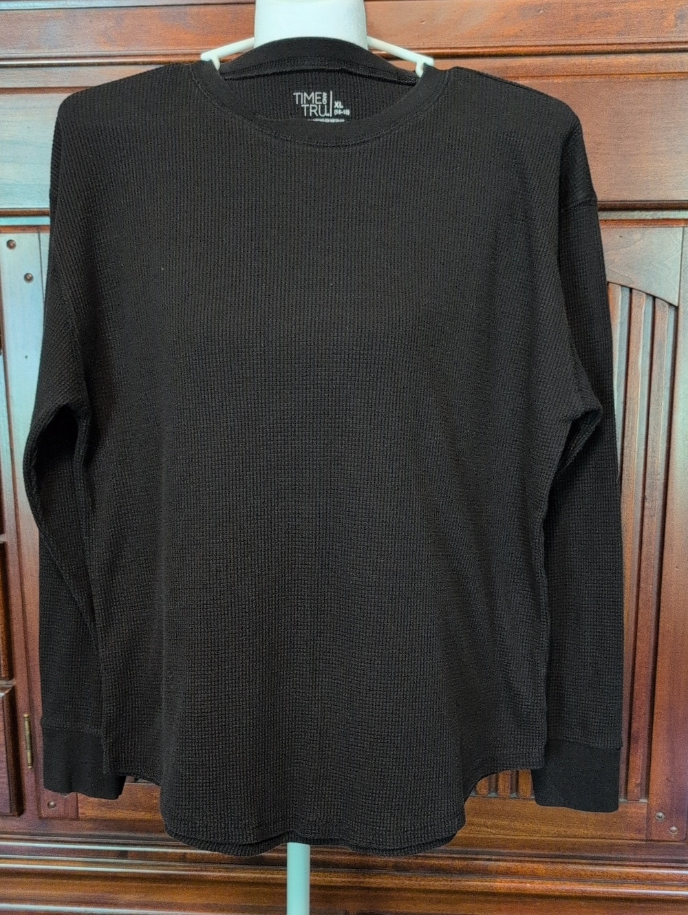 Time and Tru Black Waffle-Knit Crewneck Sweater